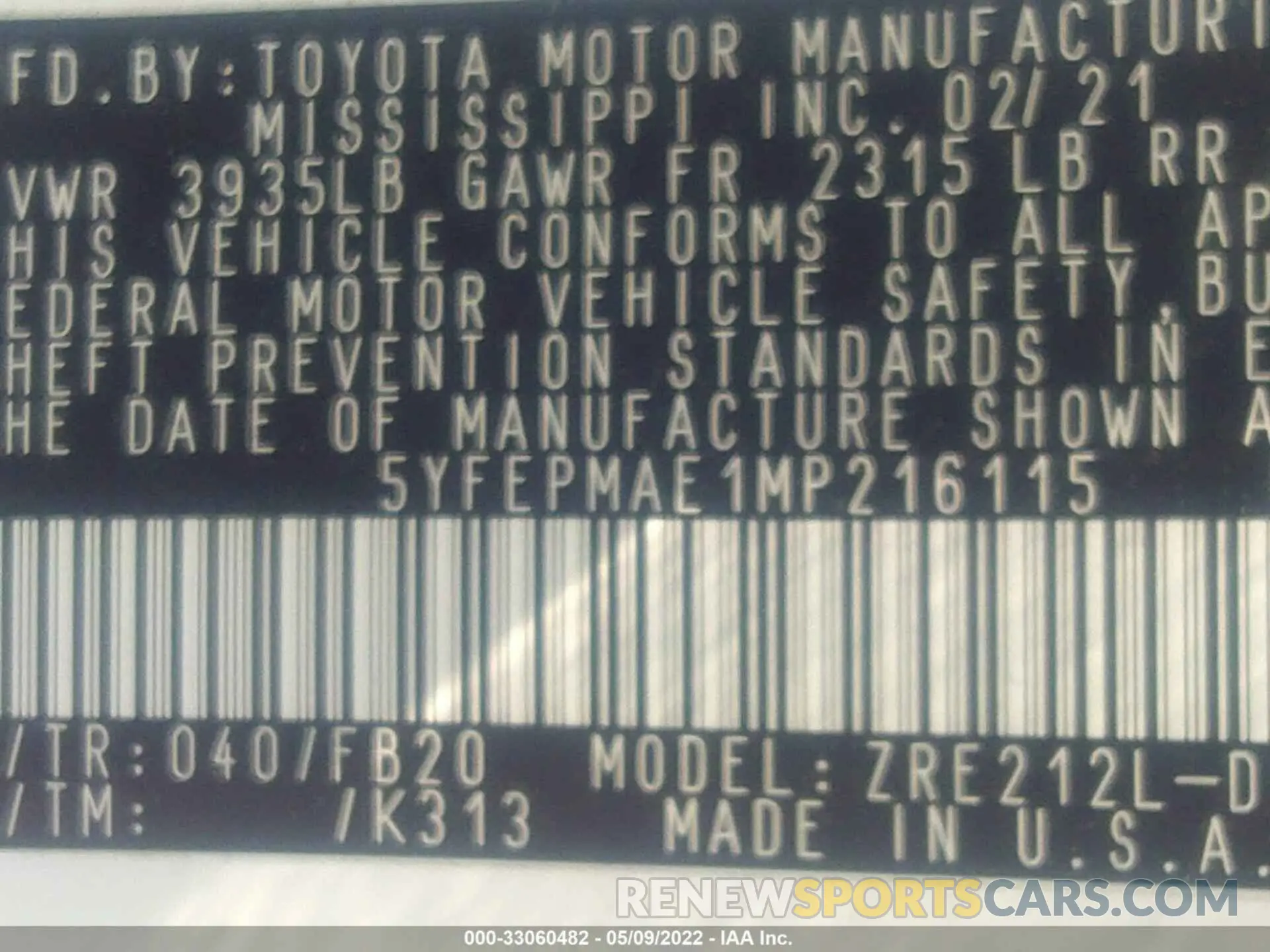 9 Photograph of a damaged car 5YFEPMAE1MP216115 TOYOTA COROLLA 2021