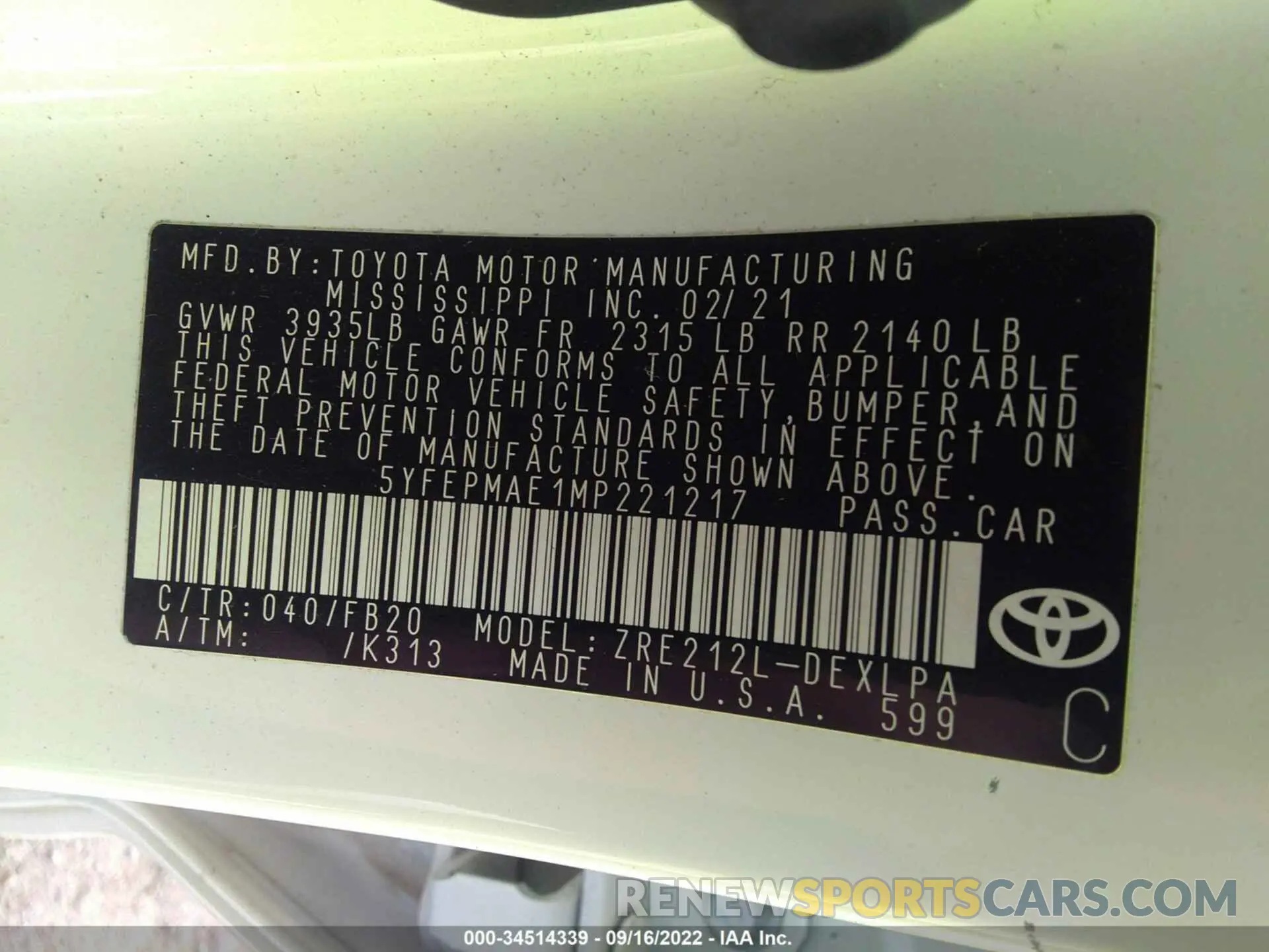 9 Photograph of a damaged car 5YFEPMAE1MP221217 TOYOTA COROLLA 2021