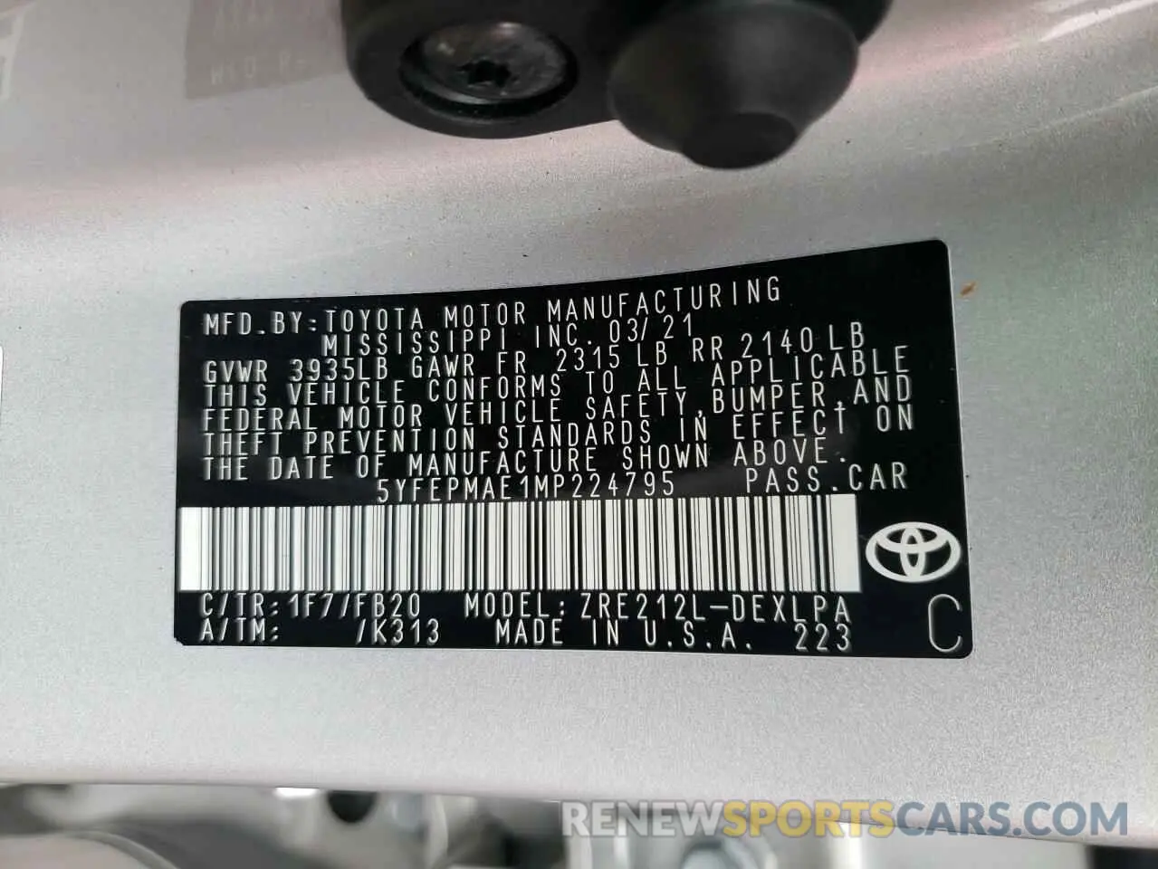 10 Фотография поврежденного автомобиля 5YFEPMAE1MP224795 TOYOTA COROLLA 2021