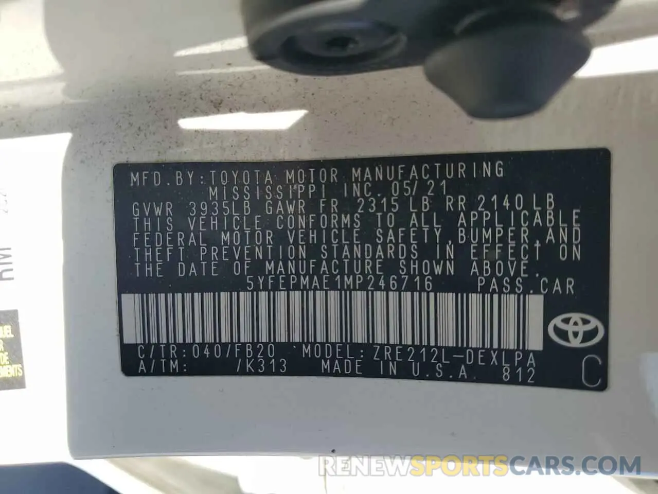 13 Фотография поврежденного автомобиля 5YFEPMAE1MP246716 TOYOTA COROLLA 2021