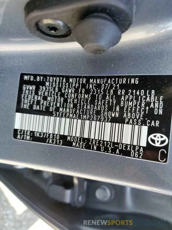 10 Фотография поврежденного автомобиля 5YFEPMAE1MP267937 TOYOTA COROLLA 2021