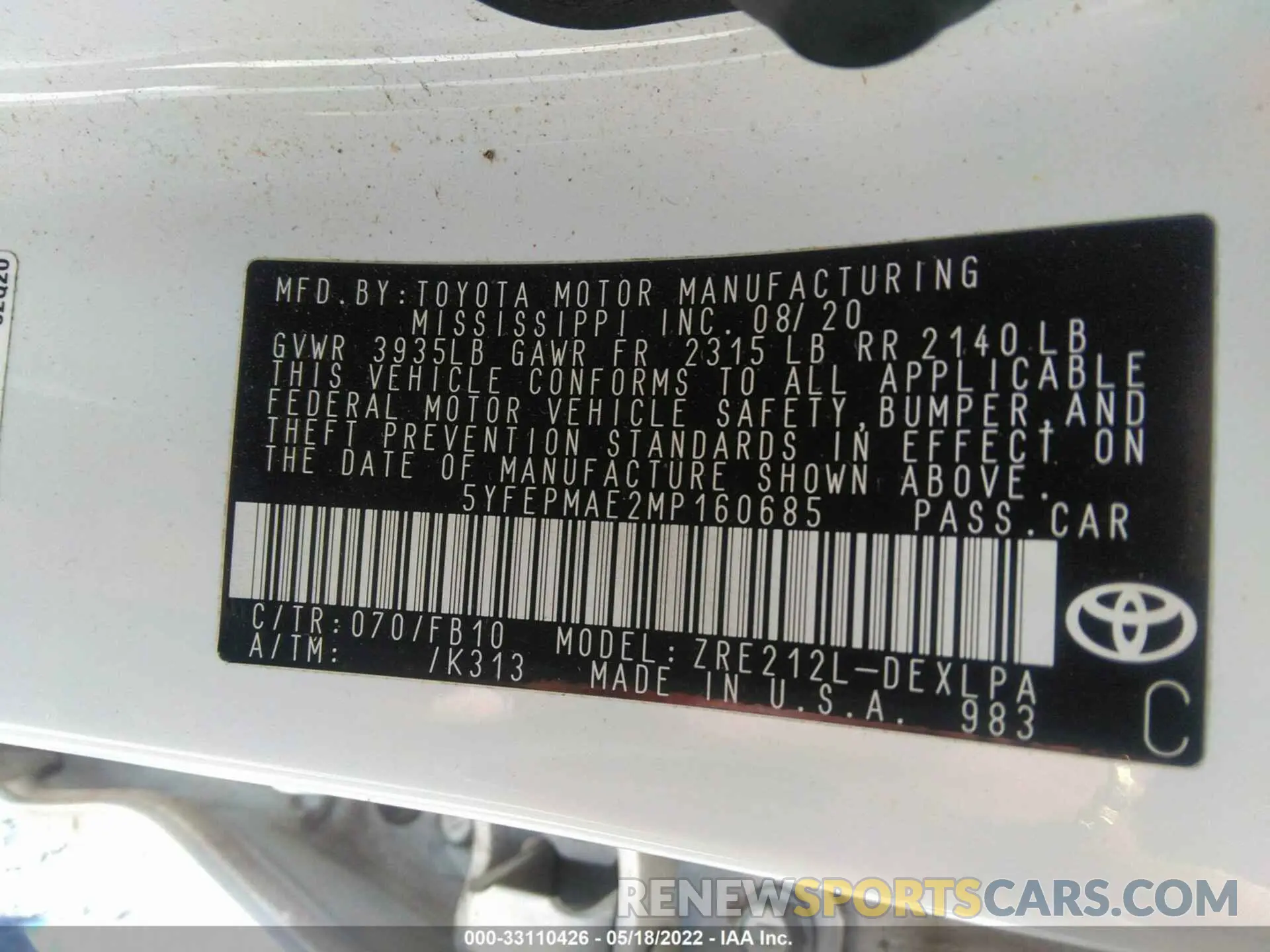 9 Фотография поврежденного автомобиля 5YFEPMAE2MP160685 TOYOTA COROLLA 2021