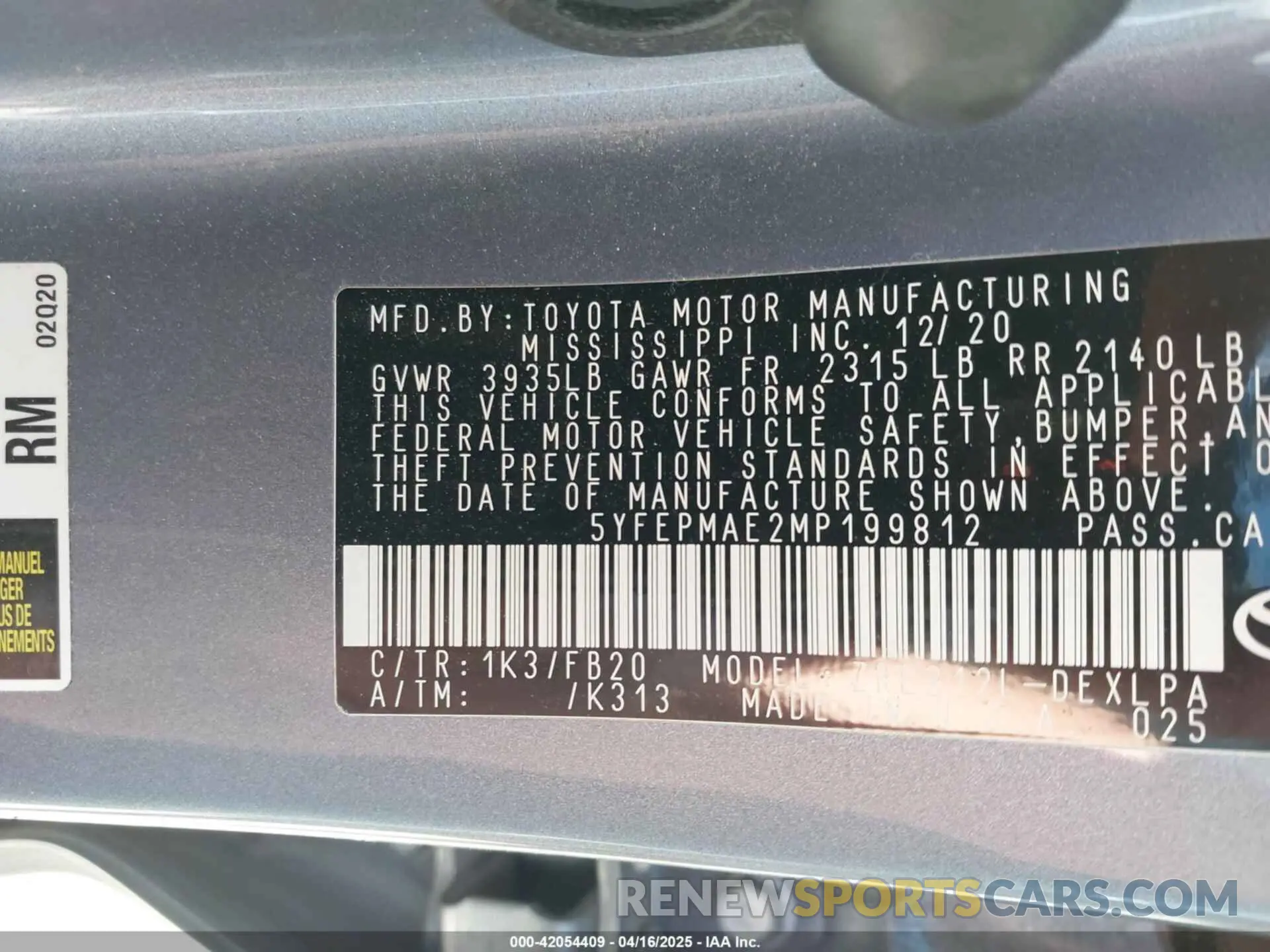9 Фотография поврежденного автомобиля 5YFEPMAE2MP199812 TOYOTA COROLLA 2021