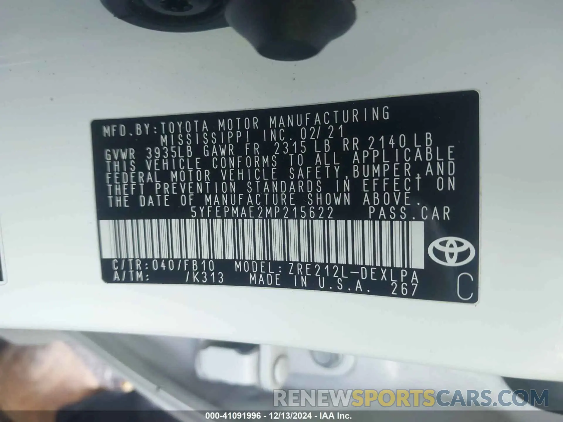 9 Фотография поврежденного автомобиля 5YFEPMAE2MP215622 TOYOTA COROLLA 2021