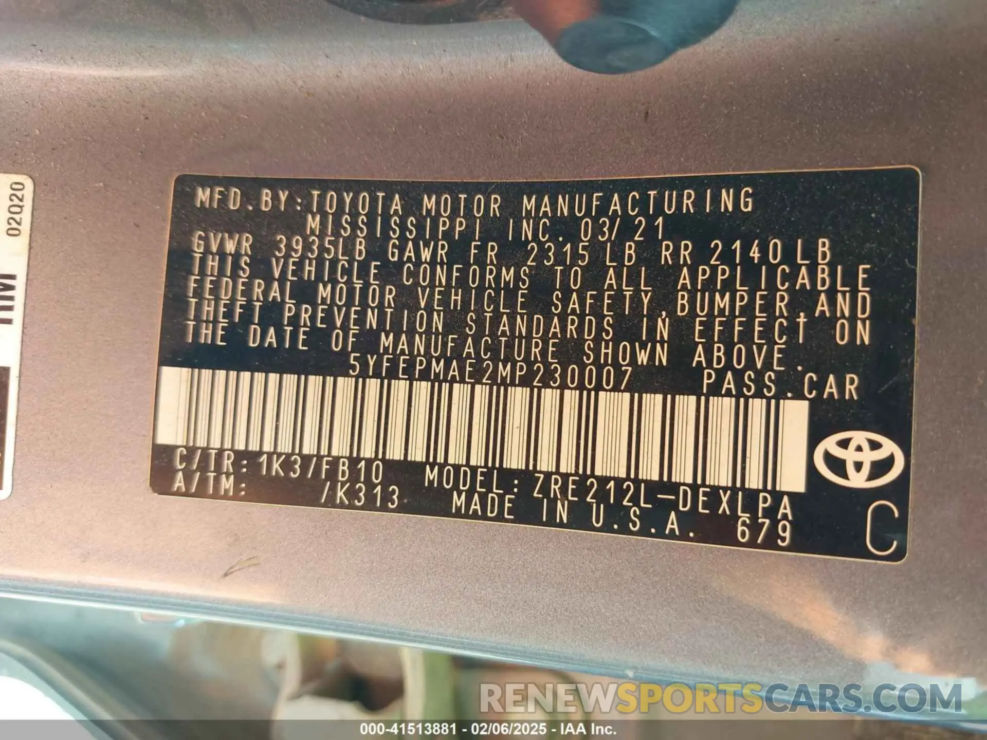 8 Фотография поврежденного автомобиля 5YFEPMAE2MP230007 TOYOTA COROLLA 2021