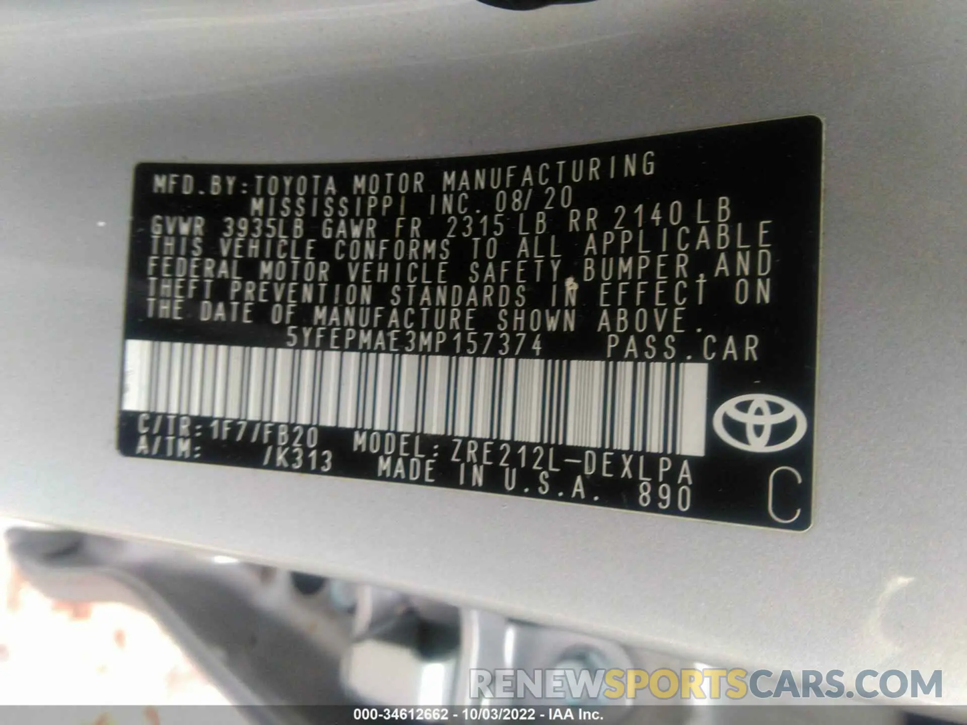 9 Фотография поврежденного автомобиля 5YFEPMAE3MP157374 TOYOTA COROLLA 2021