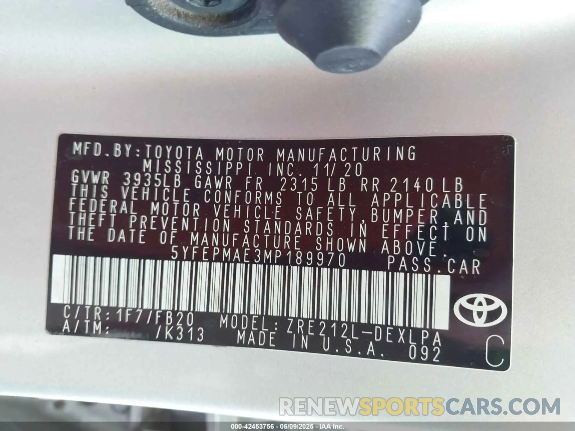 9 Фотография поврежденного автомобиля 5YFEPMAE3MP189970 TOYOTA COROLLA 2021