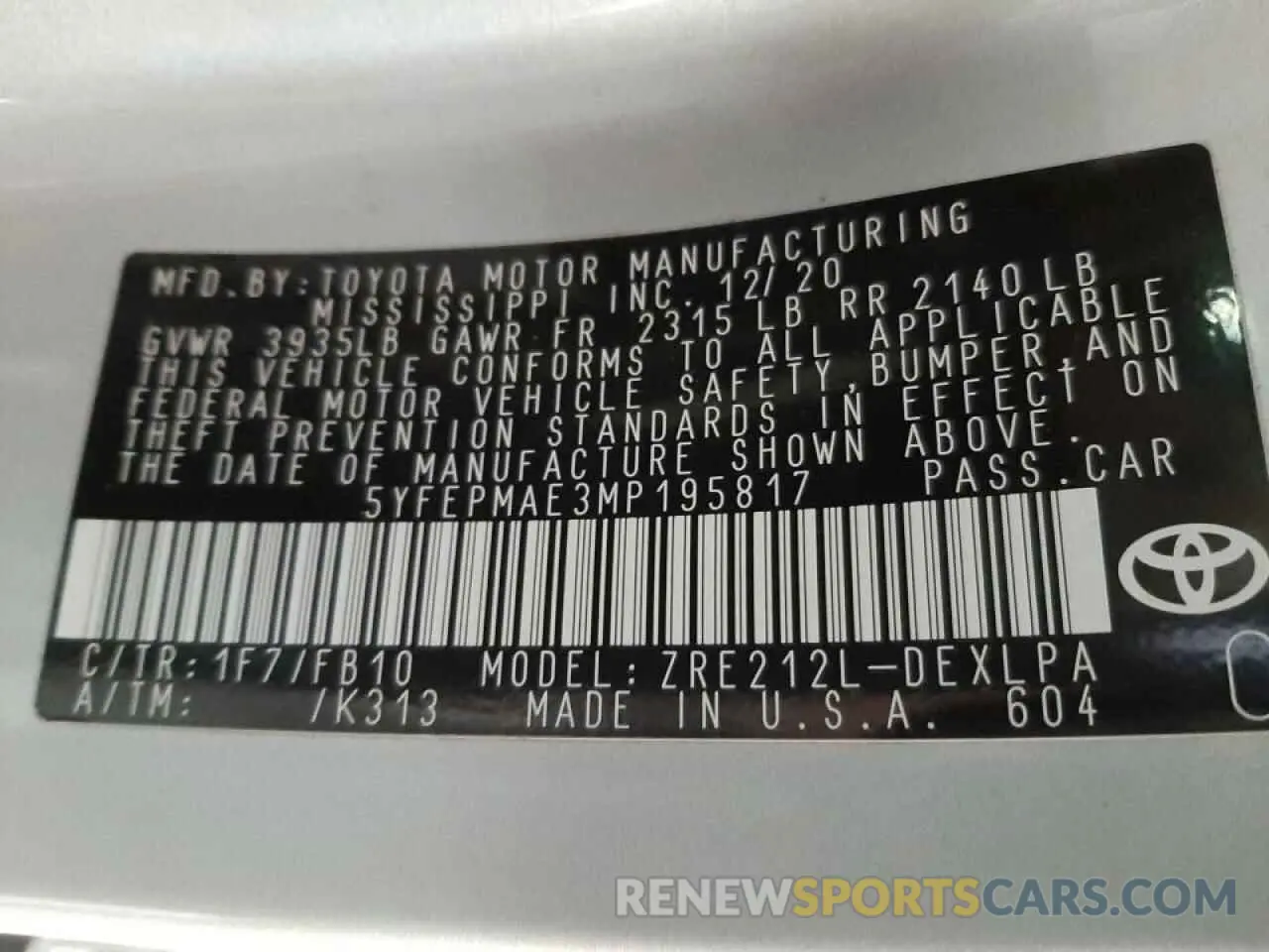 10 Photograph of a damaged car 5YFEPMAE3MP195817 TOYOTA COROLLA 2021