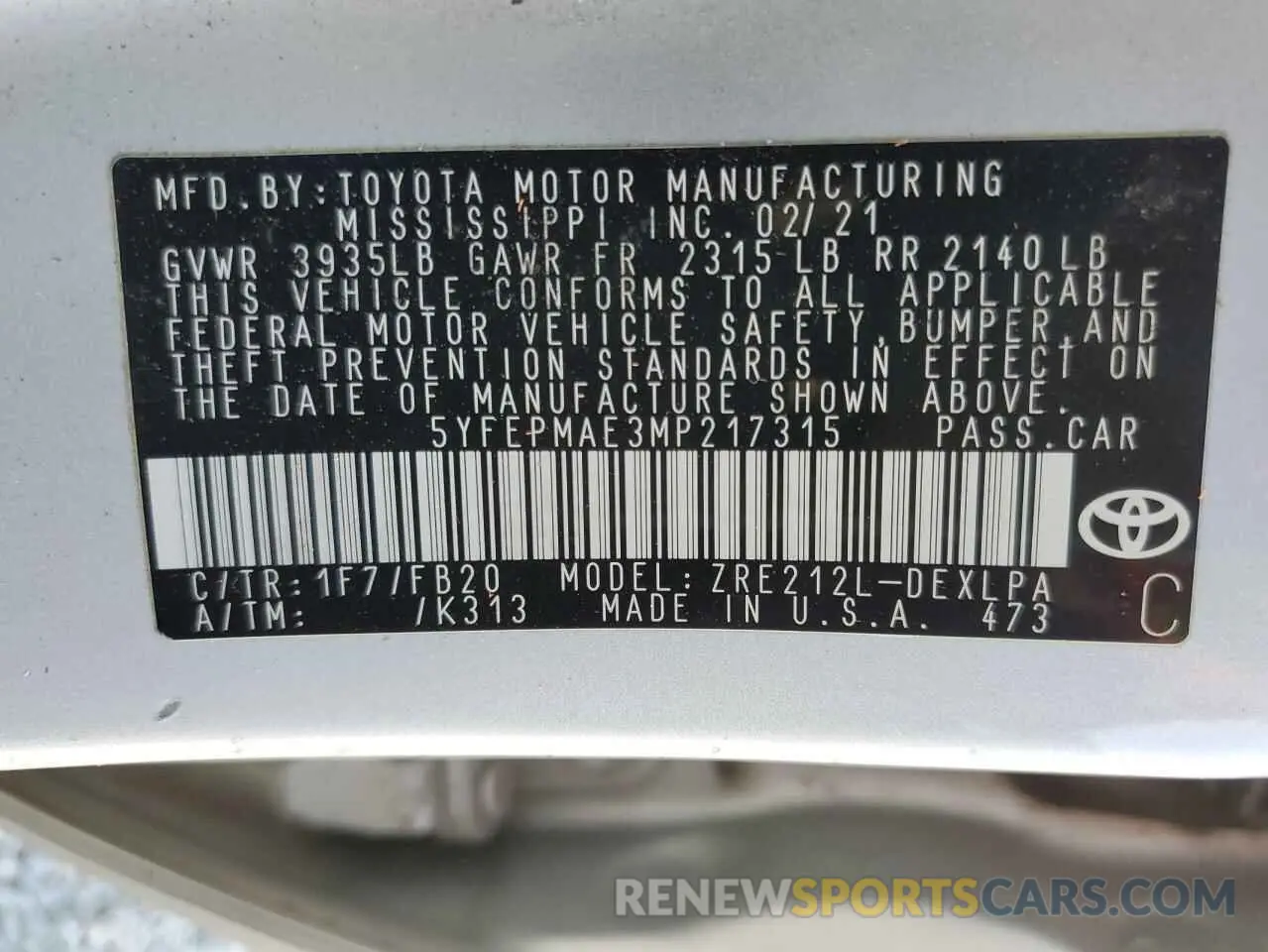 12 Фотография поврежденного автомобиля 5YFEPMAE3MP217315 TOYOTA COROLLA 2021