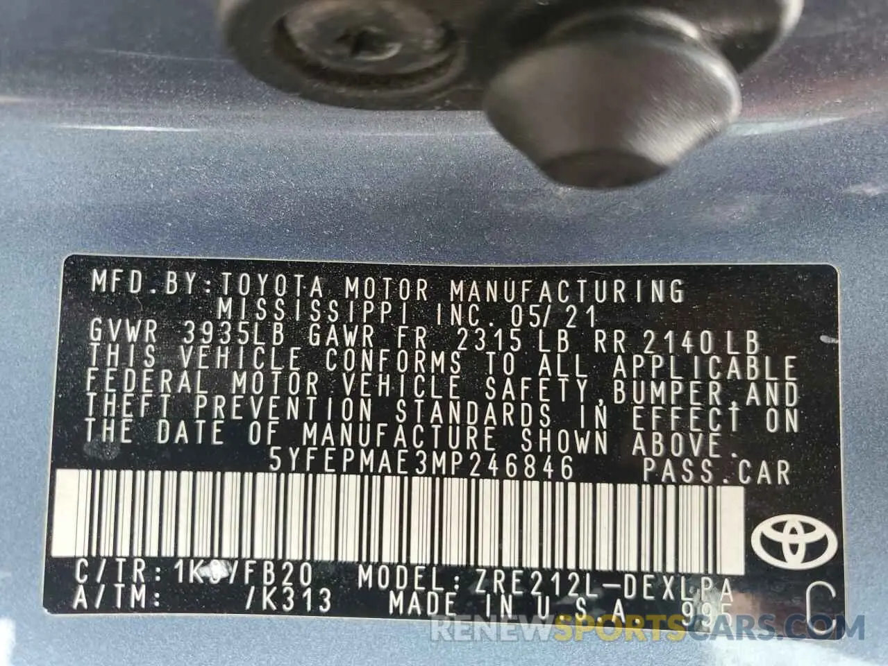 13 Photograph of a damaged car 5YFEPMAE3MP246846 TOYOTA COROLLA 2021