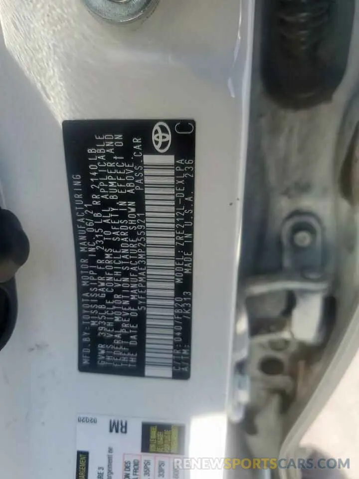 12 Photograph of a damaged car 5YFEPMAE3MP255921 TOYOTA COROLLA 2021