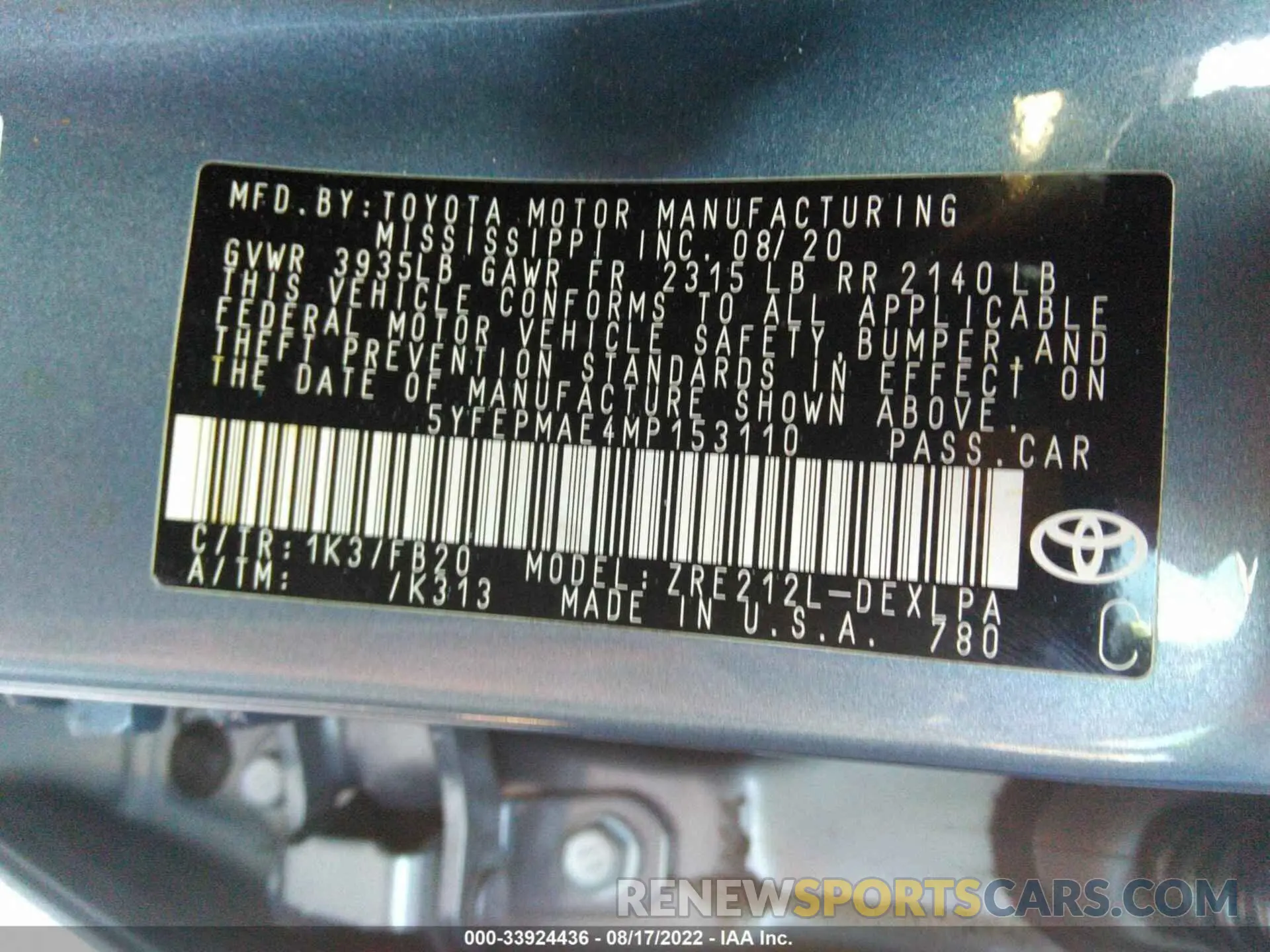 9 Фотография поврежденного автомобиля 5YFEPMAE4MP153110 TOYOTA COROLLA 2021