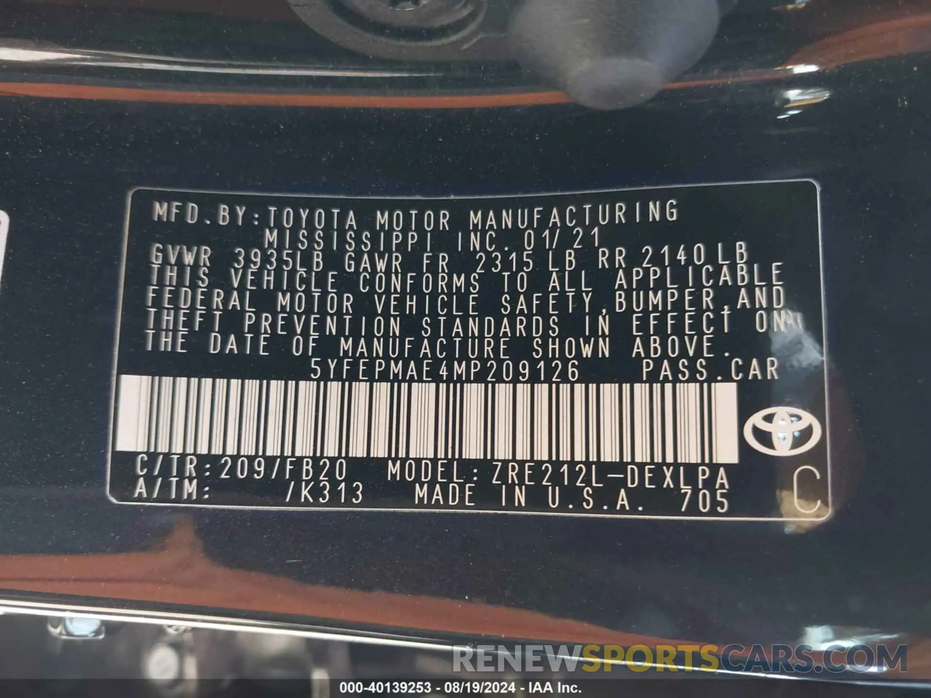 9 Photograph of a damaged car 5YFEPMAE4MP209126 TOYOTA COROLLA 2021
