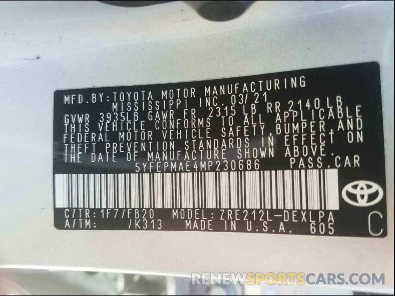 10 Photograph of a damaged car 5YFEPMAE4MP230686 TOYOTA COROLLA 2021