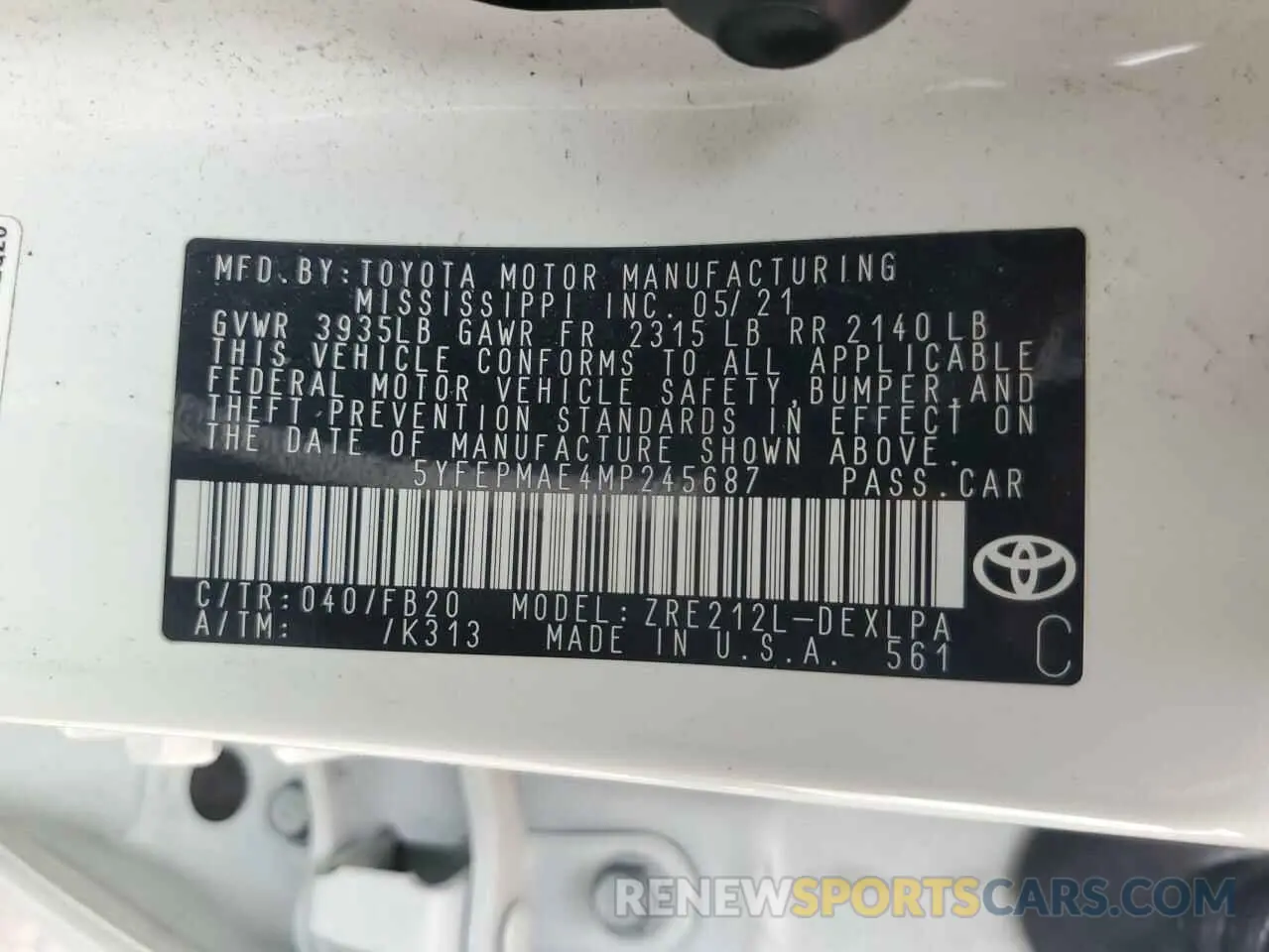 12 Photograph of a damaged car 5YFEPMAE4MP245687 TOYOTA COROLLA 2021