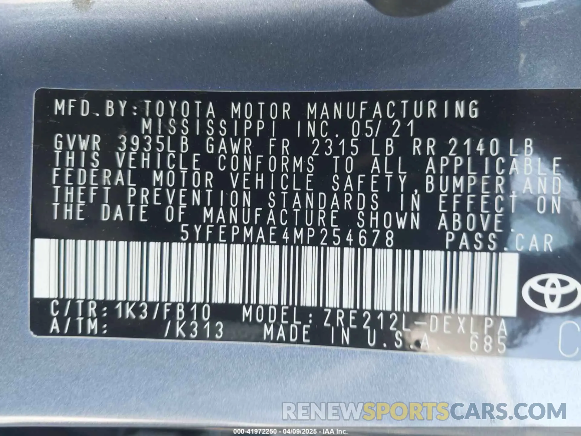 9 Фотография поврежденного автомобиля 5YFEPMAE4MP254678 TOYOTA COROLLA 2021