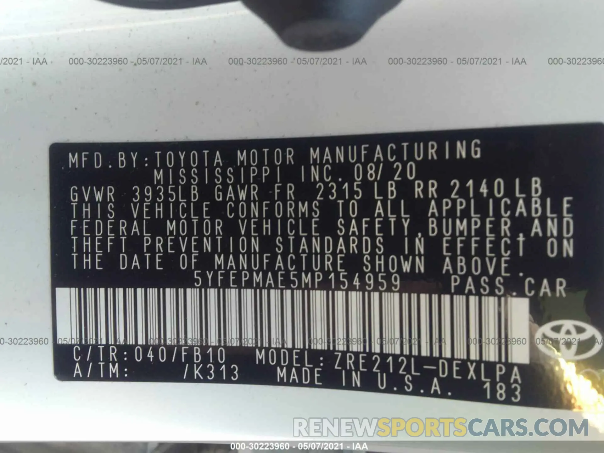9 Photograph of a damaged car 5YFEPMAE5MP154959 TOYOTA COROLLA 2021