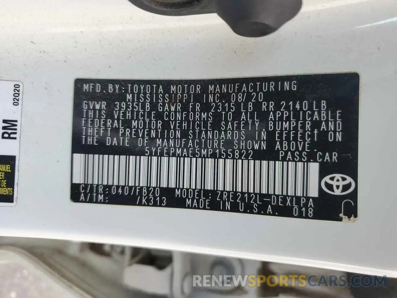 12 Photograph of a damaged car 5YFEPMAE5MP155822 TOYOTA COROLLA 2021
