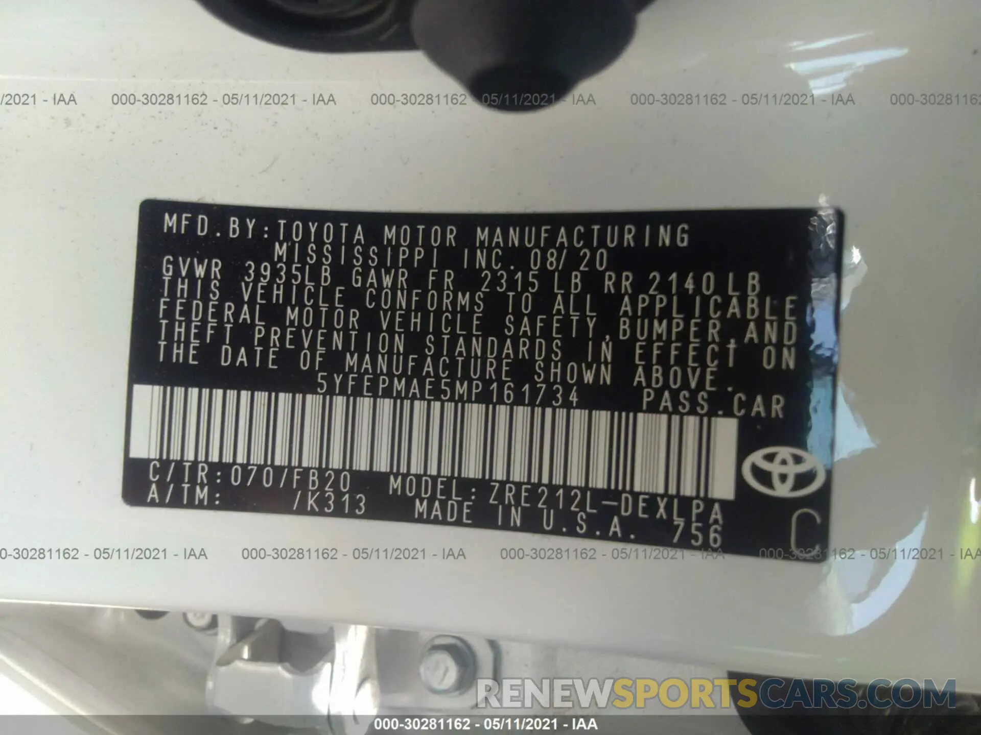 9 Photograph of a damaged car 5YFEPMAE5MP161734 TOYOTA COROLLA 2021