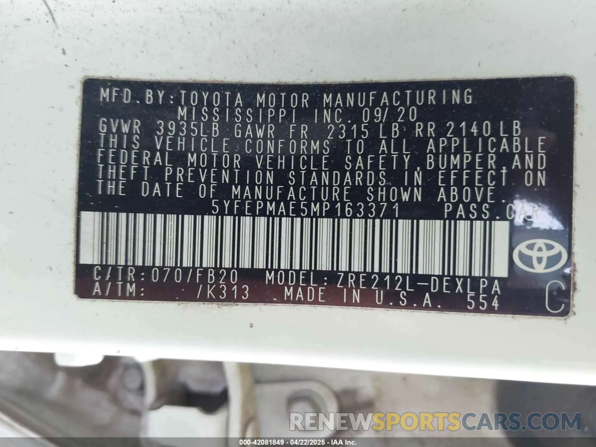 9 Фотография поврежденного автомобиля 5YFEPMAE5MP163371 TOYOTA COROLLA 2021
