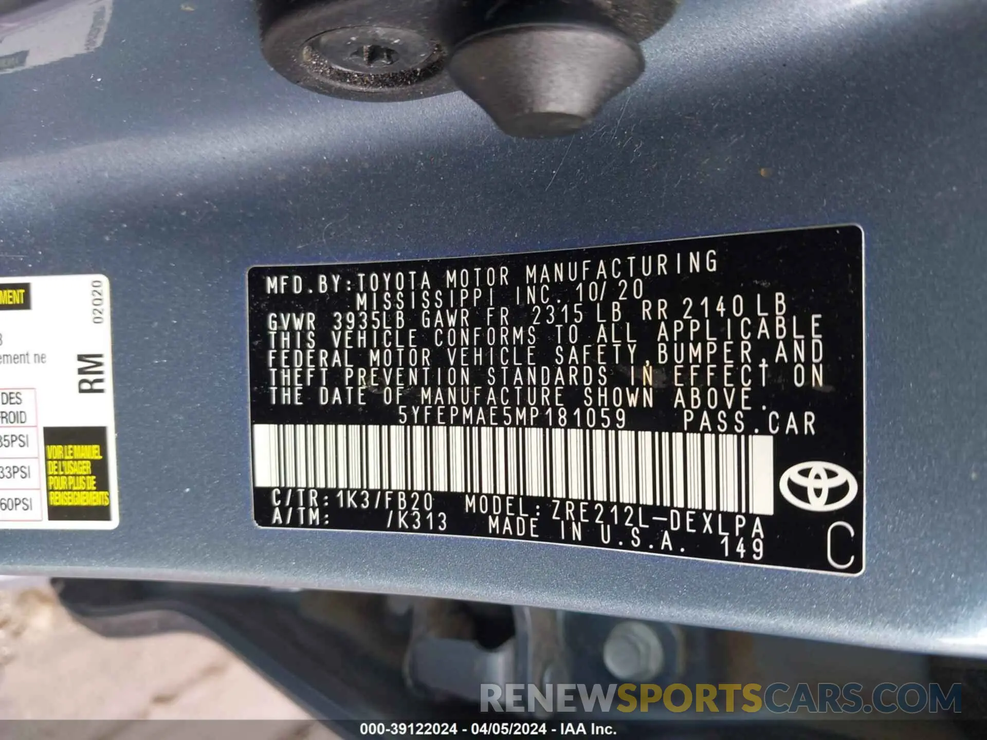 9 Фотография поврежденного автомобиля 5YFEPMAE5MP181059 TOYOTA COROLLA 2021