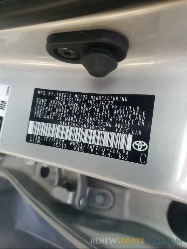 10 Photograph of a damaged car 5YFEPMAE5MP183006 TOYOTA COROLLA 2021