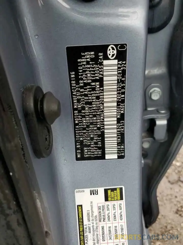 13 Фотография поврежденного автомобиля 5YFEPMAE5MP208874 TOYOTA COROLLA 2021