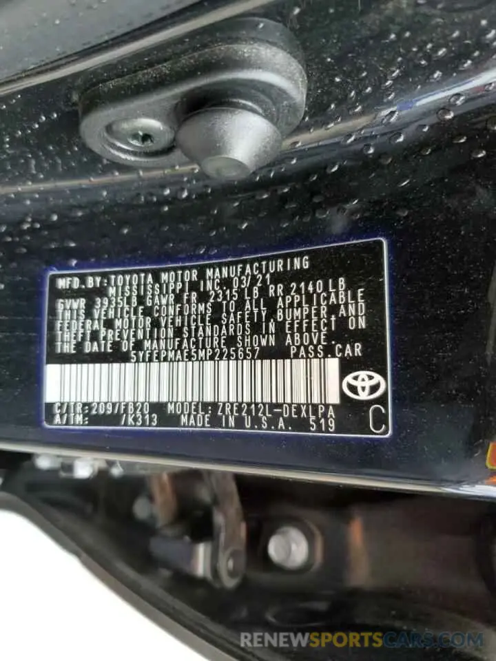 10 Фотография поврежденного автомобиля 5YFEPMAE5MP225657 TOYOTA COROLLA 2021