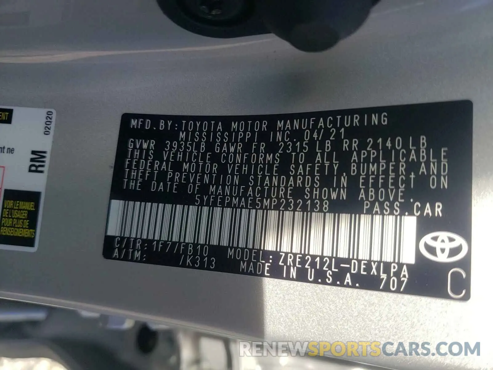 10 Фотография поврежденного автомобиля 5YFEPMAE5MP232138 TOYOTA COROLLA 2021