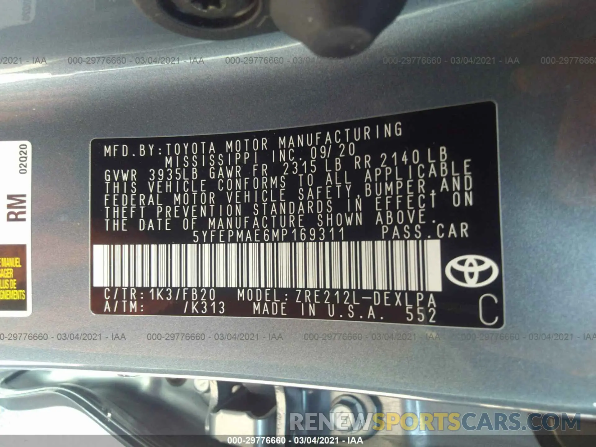 9 Photograph of a damaged car 5YFEPMAE6MP169311 TOYOTA COROLLA 2021