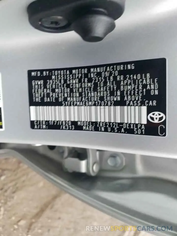 10 Фотография поврежденного автомобиля 5YFEPMAE6MP170782 TOYOTA COROLLA 2021