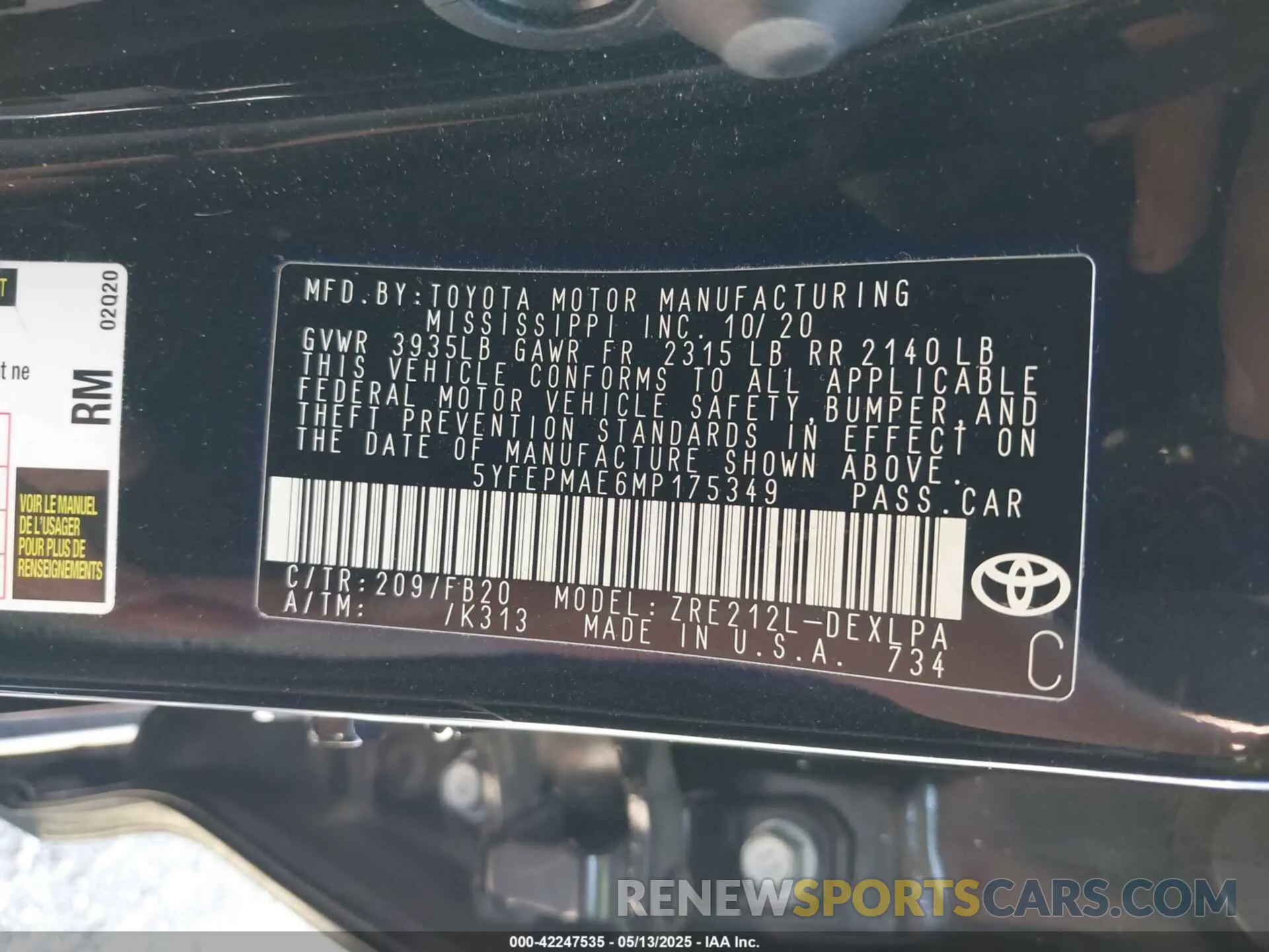 9 Фотография поврежденного автомобиля 5YFEPMAE6MP175349 TOYOTA COROLLA 2021