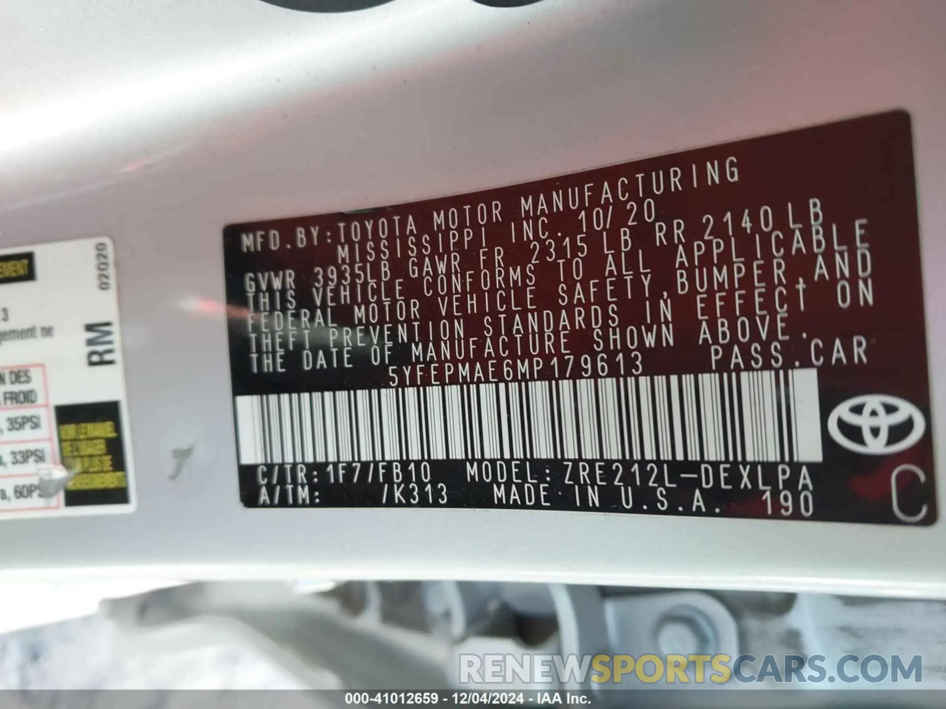 9 Фотография поврежденного автомобиля 5YFEPMAE6MP179613 TOYOTA COROLLA 2021