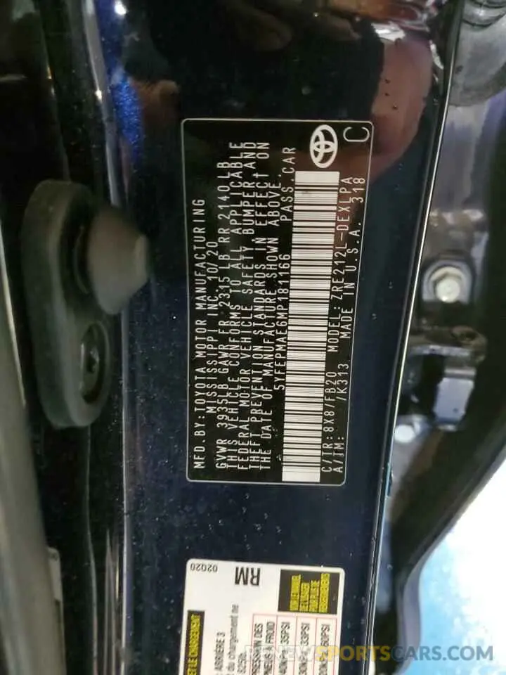 12 Photograph of a damaged car 5YFEPMAE6MP181166 TOYOTA COROLLA 2021