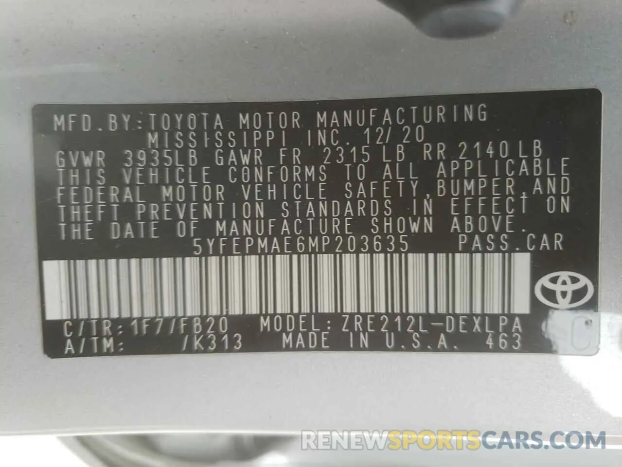 10 Photograph of a damaged car 5YFEPMAE6MP203635 TOYOTA COROLLA 2021