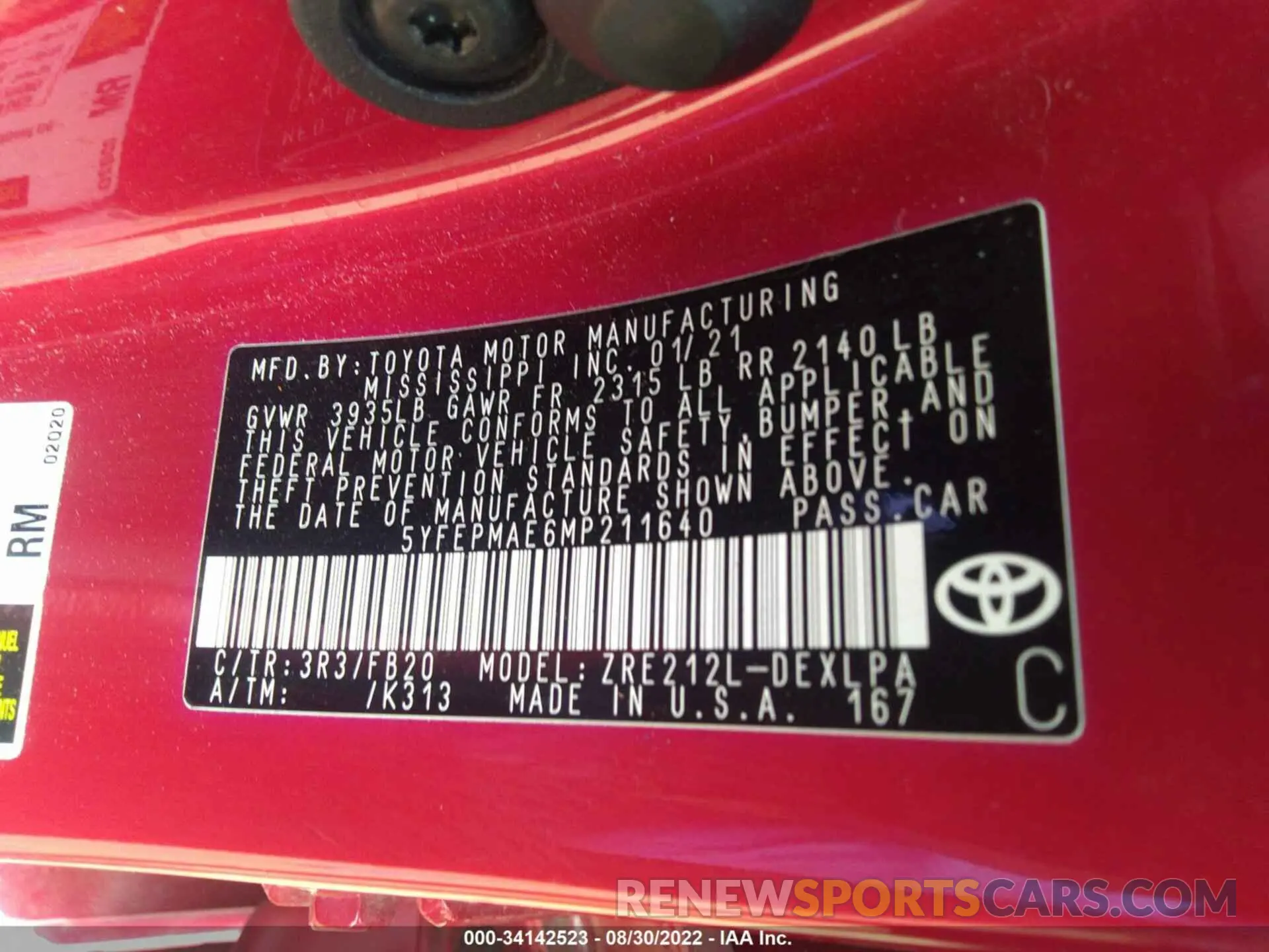 9 Photograph of a damaged car 5YFEPMAE6MP211640 TOYOTA COROLLA 2021