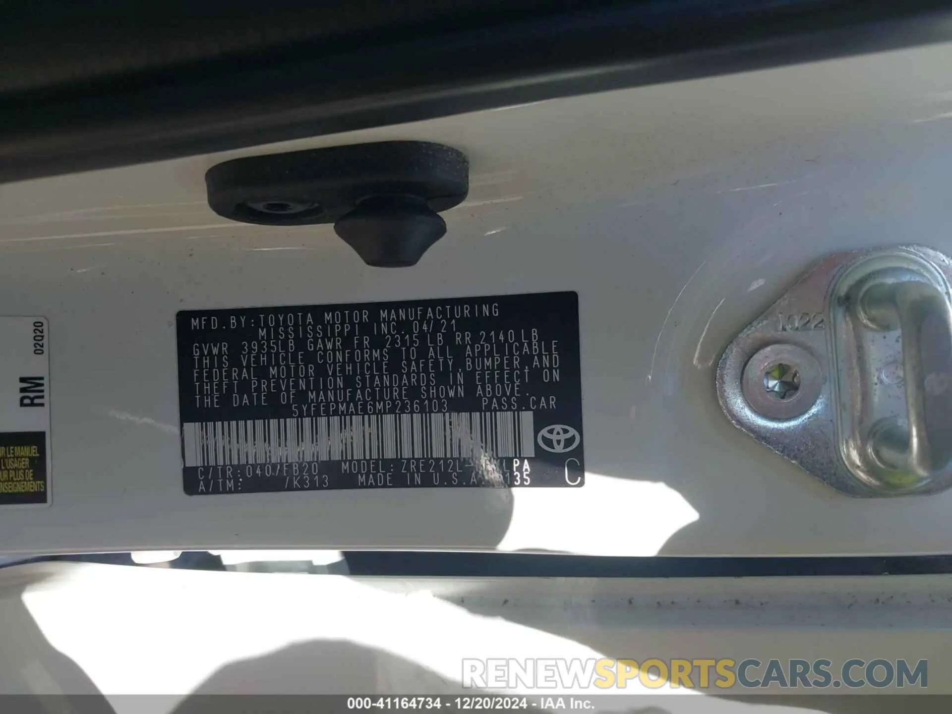 9 Фотография поврежденного автомобиля 5YFEPMAE6MP236103 TOYOTA COROLLA 2021