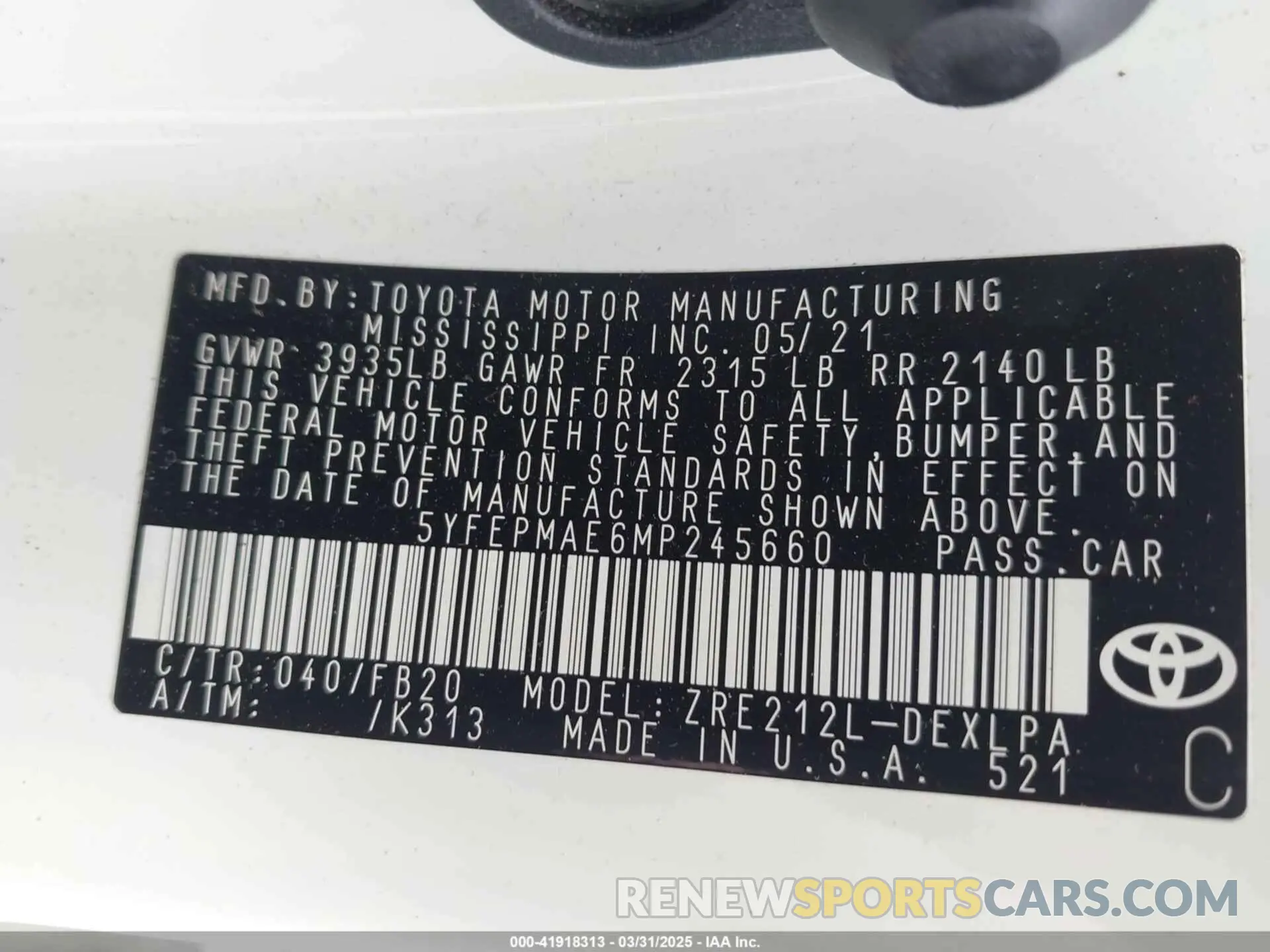 9 Фотография поврежденного автомобиля 5YFEPMAE6MP245660 TOYOTA COROLLA 2021