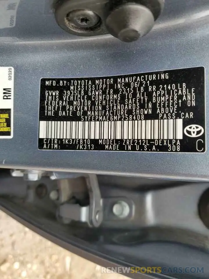 14 Фотография поврежденного автомобиля 5YFEPMAE6MP258408 TOYOTA COROLLA 2021