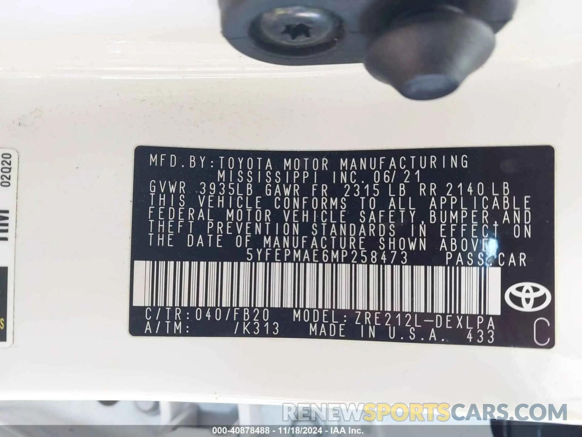 9 Фотография поврежденного автомобиля 5YFEPMAE6MP258473 TOYOTA COROLLA 2021