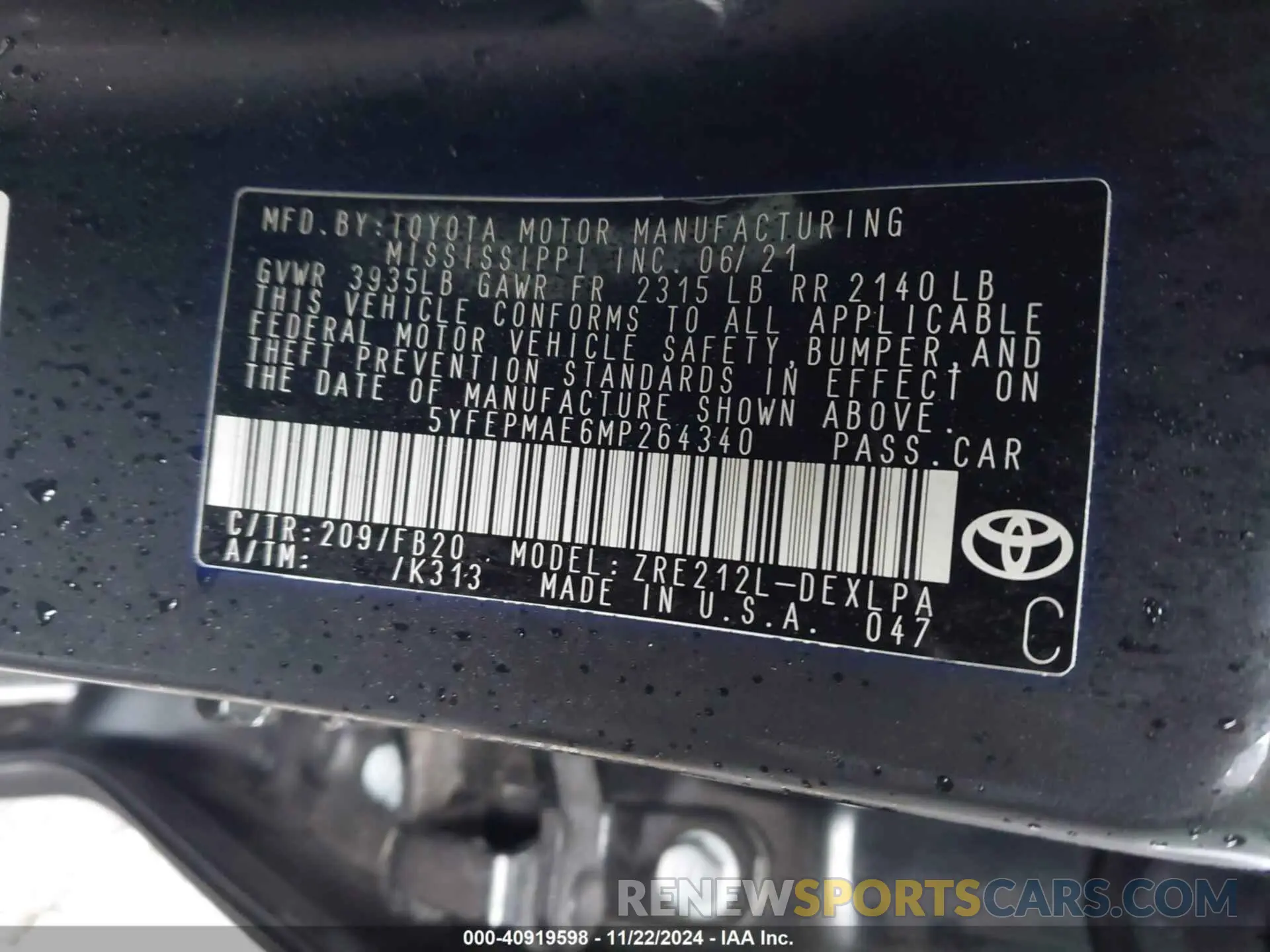 9 Фотография поврежденного автомобиля 5YFEPMAE6MP264340 TOYOTA COROLLA 2021