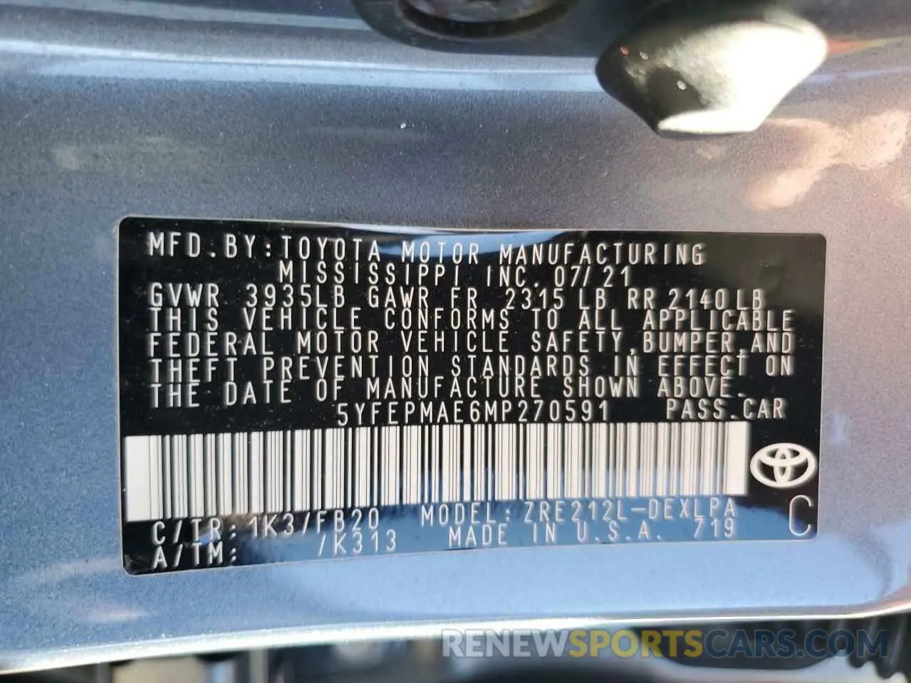 12 Photograph of a damaged car 5YFEPMAE6MP270591 TOYOTA COROLLA 2021