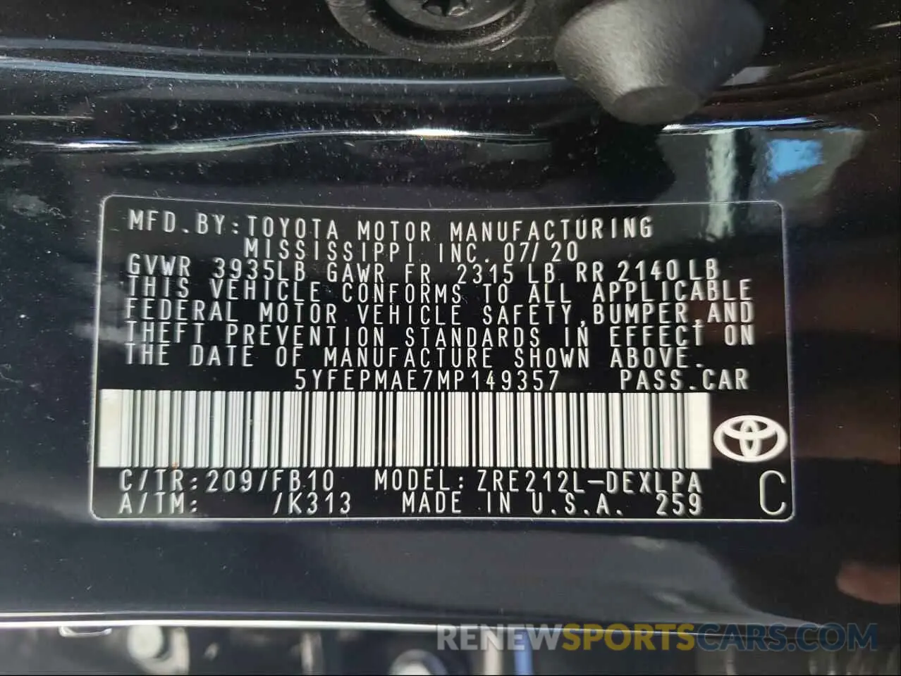 10 Photograph of a damaged car 5YFEPMAE7MP149357 TOYOTA COROLLA 2021