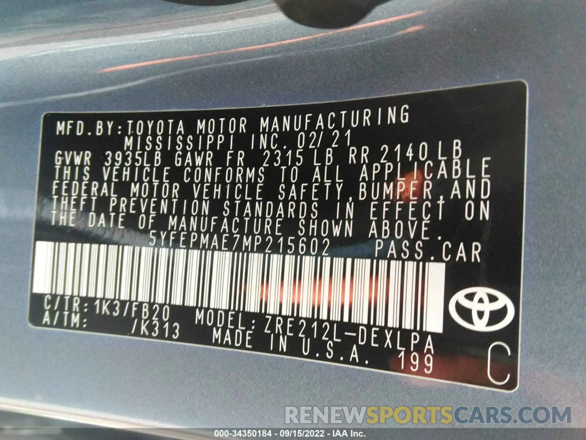 9 Photograph of a damaged car 5YFEPMAE7MP215602 TOYOTA COROLLA 2021