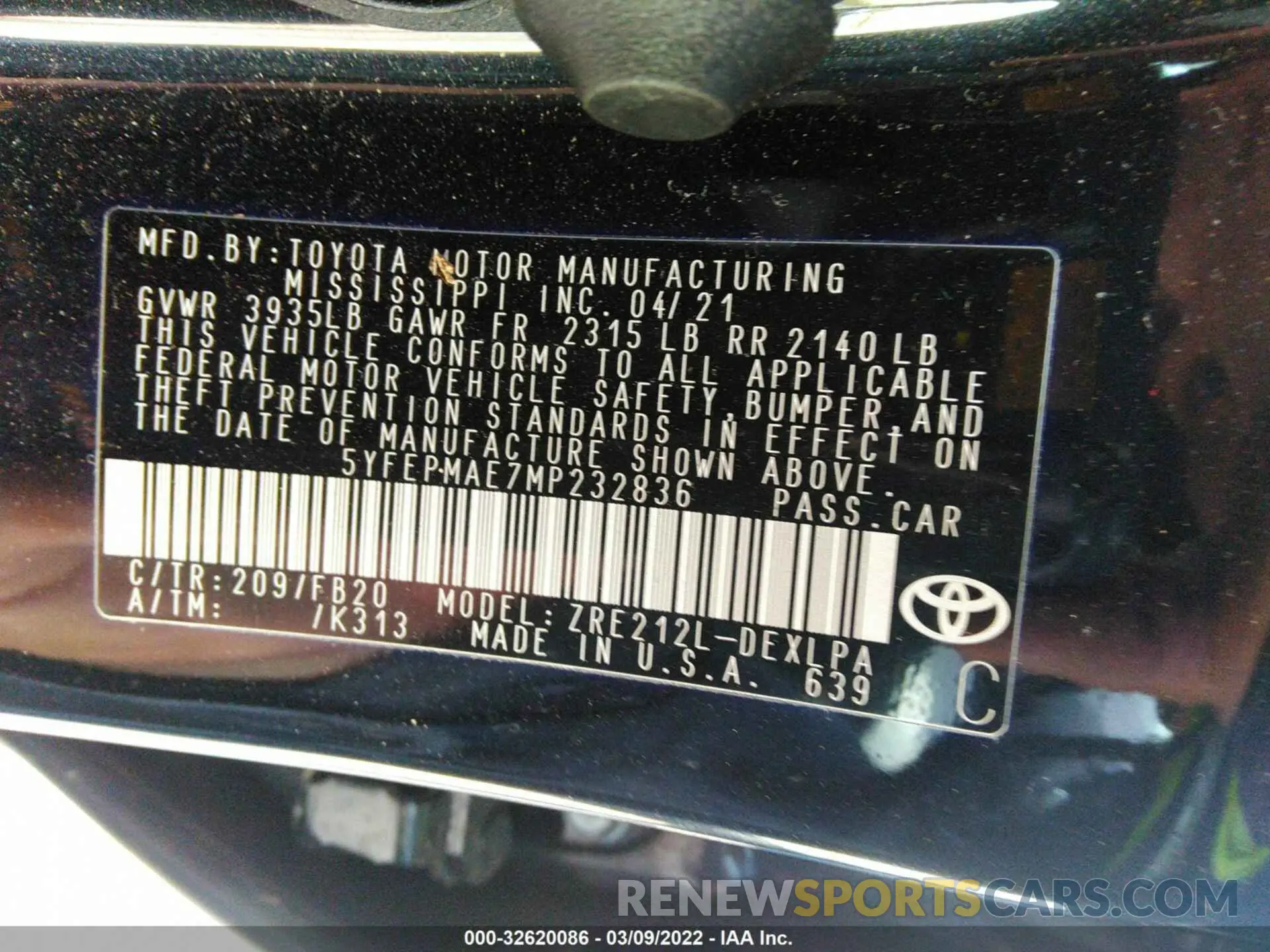 9 Photograph of a damaged car 5YFEPMAE7MP232836 TOYOTA COROLLA 2021