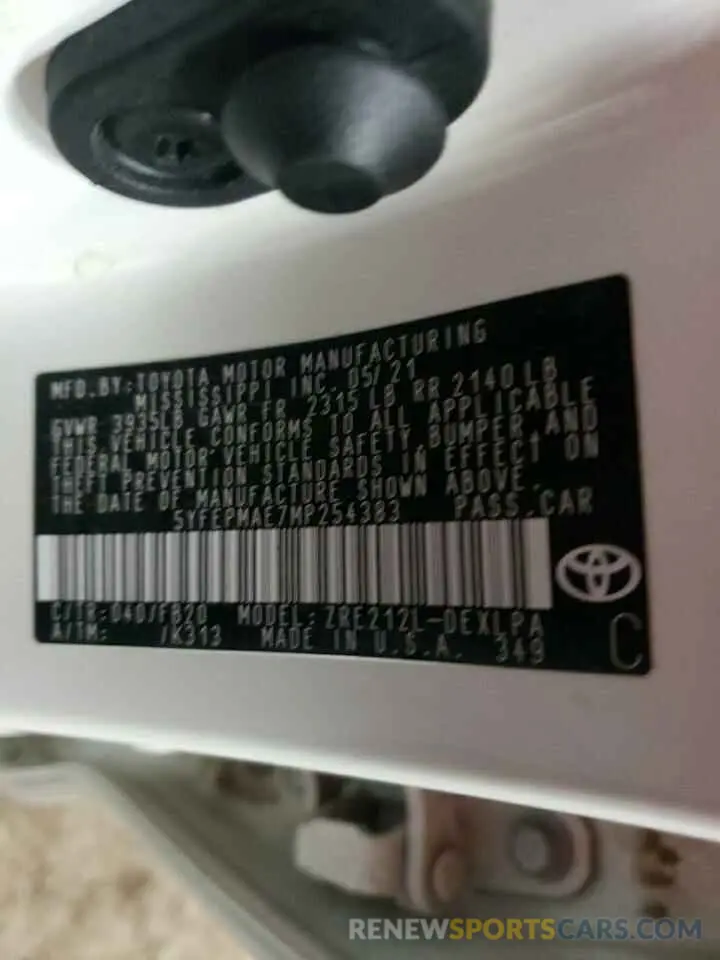 12 Фотография поврежденного автомобиля 5YFEPMAE7MP254383 TOYOTA COROLLA 2021