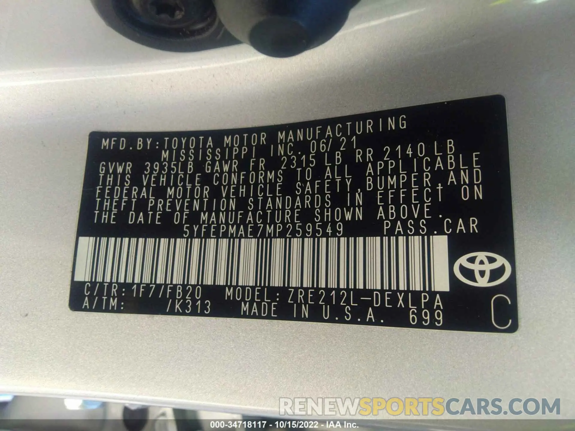 9 Photograph of a damaged car 5YFEPMAE7MP259549 TOYOTA COROLLA 2021