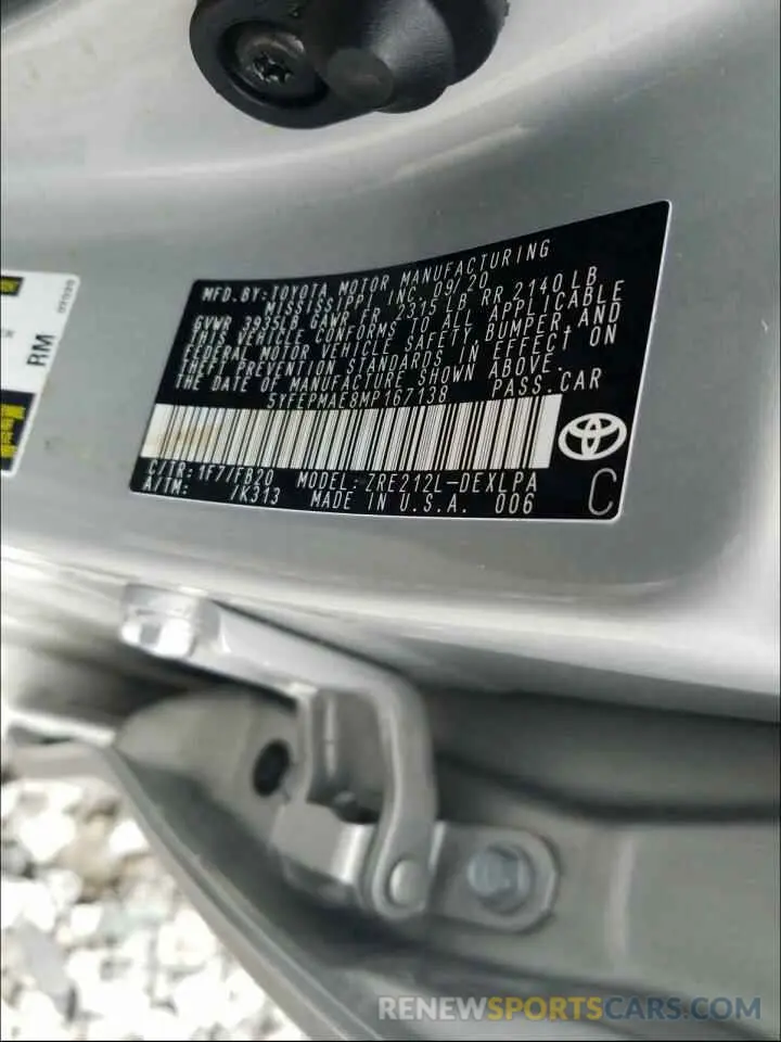 10 Фотография поврежденного автомобиля 5YFEPMAE8MP167138 TOYOTA COROLLA 2021