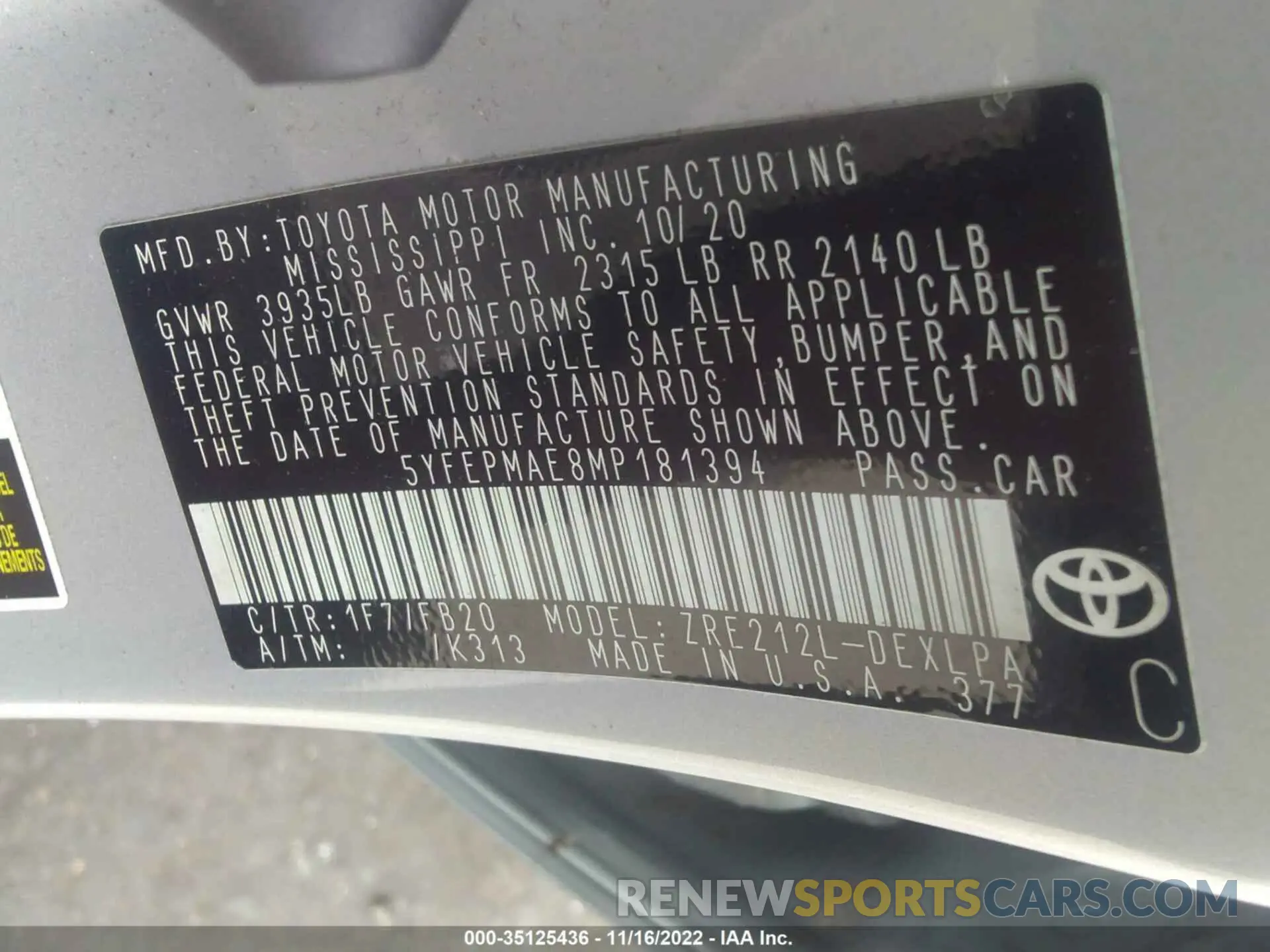 9 Photograph of a damaged car 5YFEPMAE8MP181394 TOYOTA COROLLA 2021