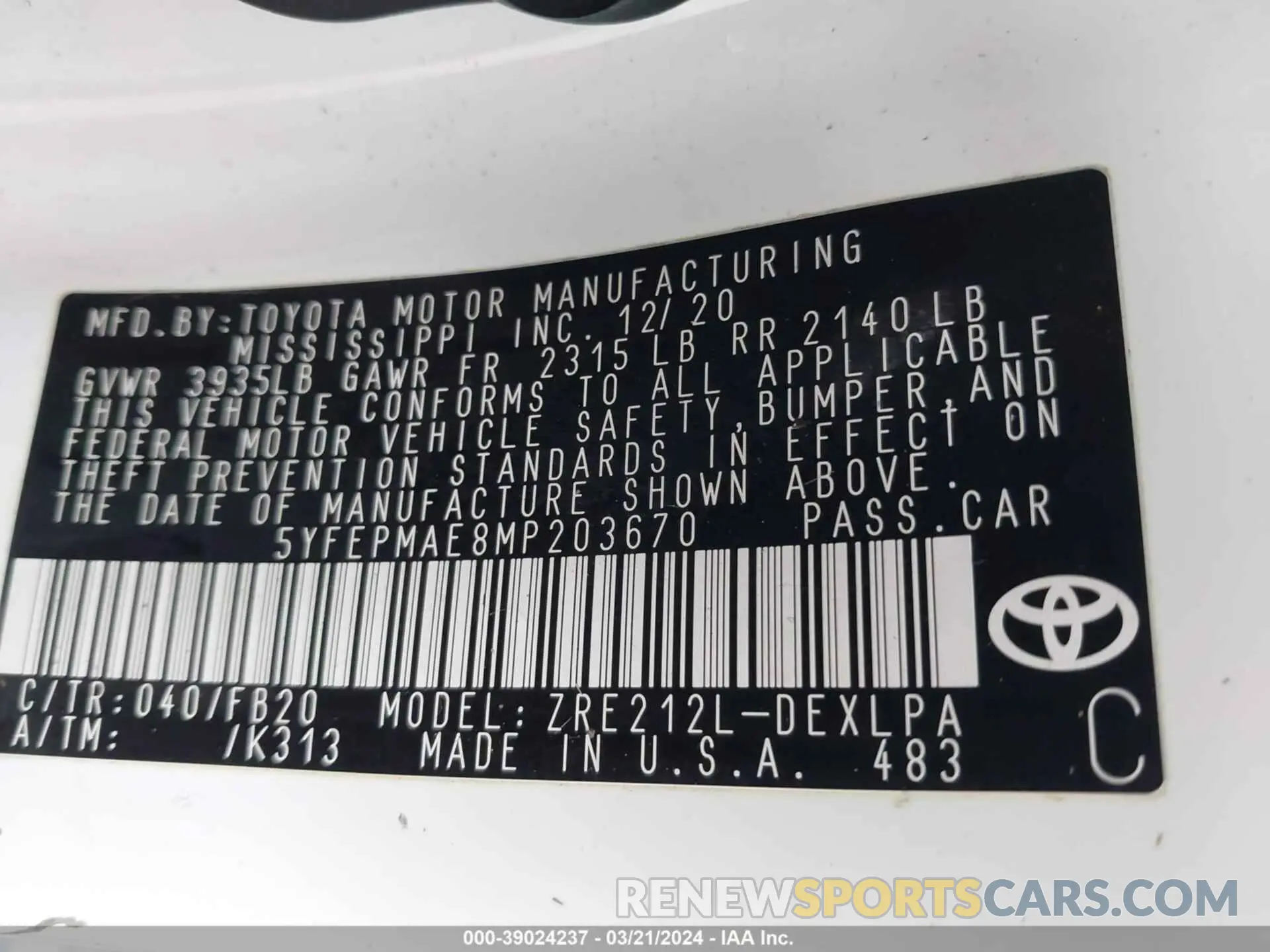 9 Photograph of a damaged car 5YFEPMAE8MP203670 TOYOTA COROLLA 2021
